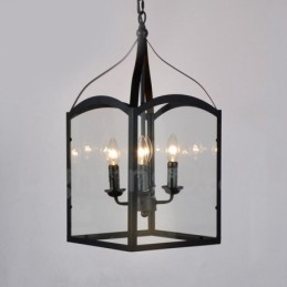 4 Light Black Metal Rustic Lodge Pendant Light with Glass Shade