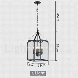 4 Light Black Metal Rustic Lodge Pendant Light with Glass Shade
