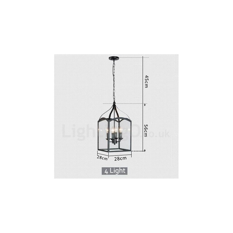 4 Light Black Metal Rustic Lodge Pendant Light with Glass Shade
