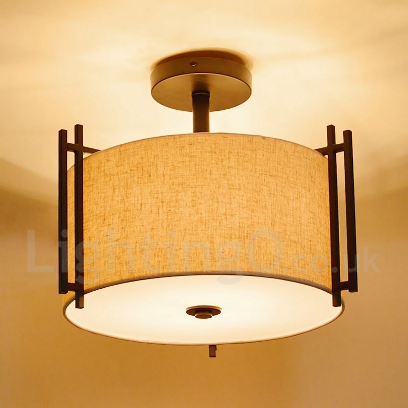 Rustic Lodge Metal Drum Pendant Light with Fabric Shade