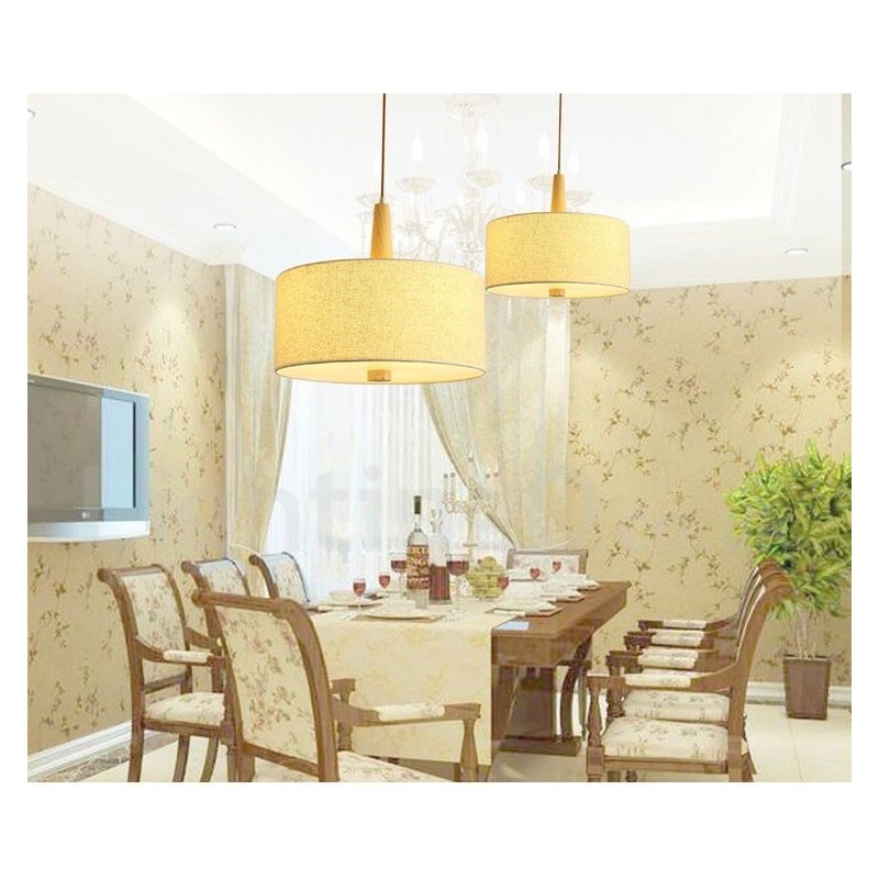 Wooden Modern Contemporary Drum Pendant Light with Fabric Shade