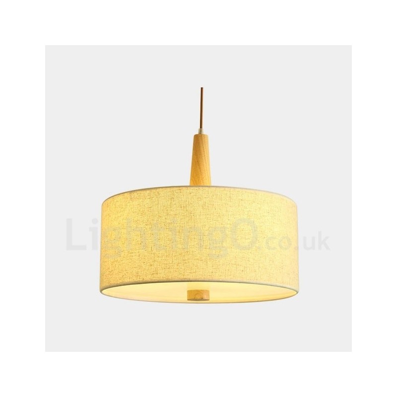 Wooden Modern Contemporary Drum Pendant Light with Fabric Shade