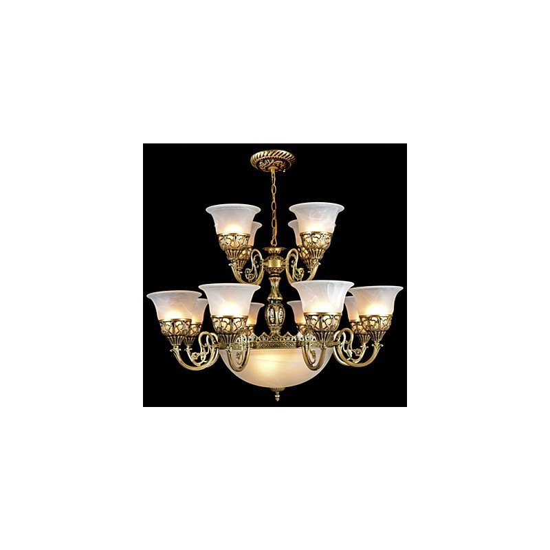 Bronze Chandelier Fifteen Lights Moire Glass European Retro Classic