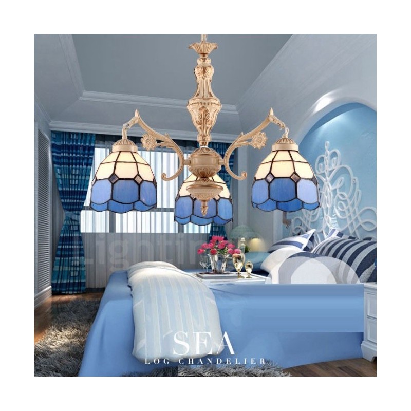 3 Light Mediterranean Style Integrated Metal Chandelier with Glass Shade