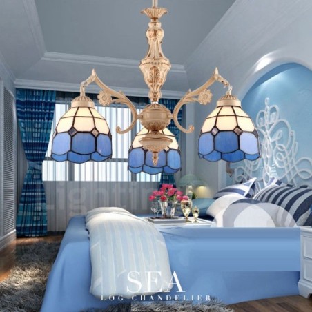 3 Light Mediterranean Style Integrated Metal Chandelier with Glass Shade