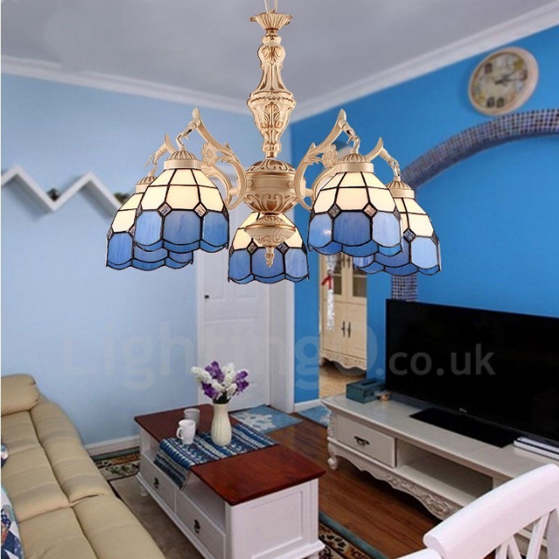 5 Light Mediterranean Style Integrated Metal Chandelier with Glass Shade