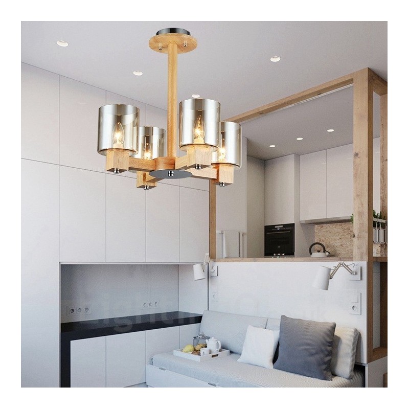 4 Light Wood Modern Contemporary Nordic style Chandelier with Glass Shade