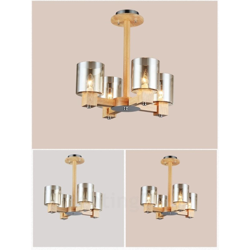4 Light Wood Modern Contemporary Nordic style Chandelier with Glass Shade