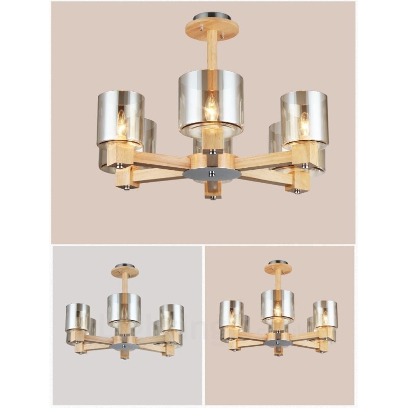 6 Light Wood Modern Contemporary Nordic style Chandelier with Glass Shade