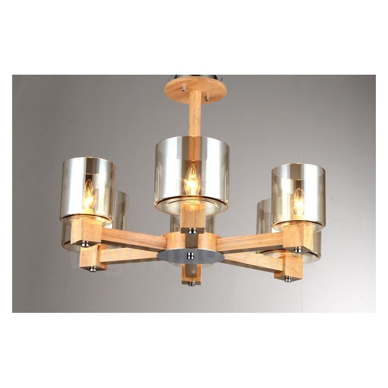 6 Light Wood Modern Contemporary Nordic style Chandelier with Glass Shade