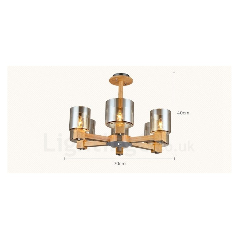 6 Light Wood Modern Contemporary Nordic style Chandelier with Glass Shade