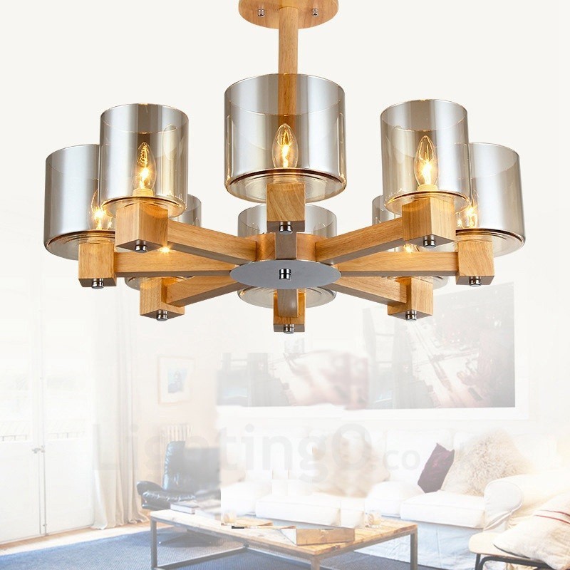 8 Light Wood Modern Contemporary Nordic style Chandelier with Glass Shade