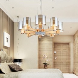 8 Light Wood Modern Contemporary Nordic style Chandelier with Glass Shade