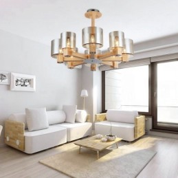 8 Light Wood Modern Contemporary Nordic style Chandelier with Glass Shade