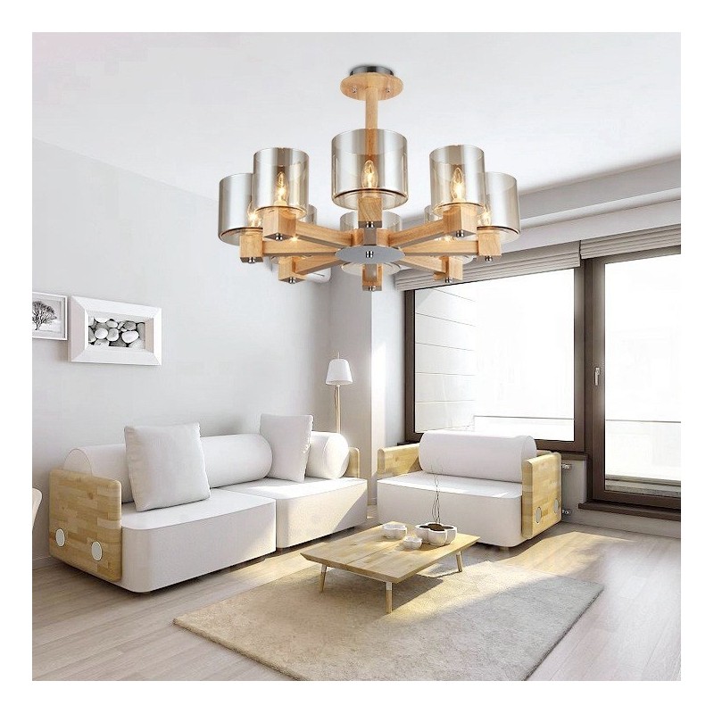 8 Light Wood Modern Contemporary Nordic style Chandelier with Glass Shade
