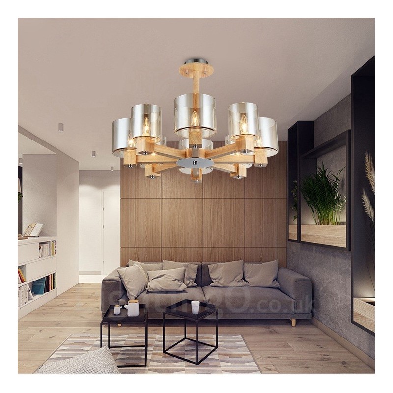 8 Light Wood Modern Contemporary Nordic style Chandelier with Glass Shade