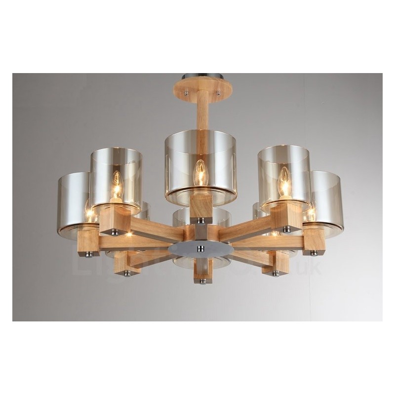 8 Light Wood Modern Contemporary Nordic style Chandelier with Glass Shade