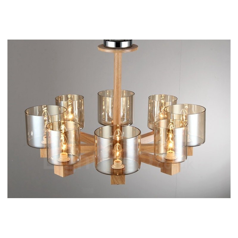 8 Light Wood Modern Contemporary Nordic style Chandelier with Glass Shade