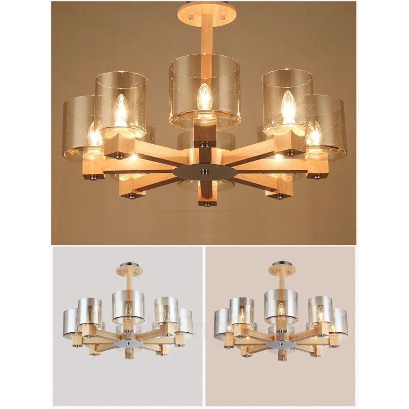 8 Light Wood Modern Contemporary Nordic style Chandelier with Glass Shade