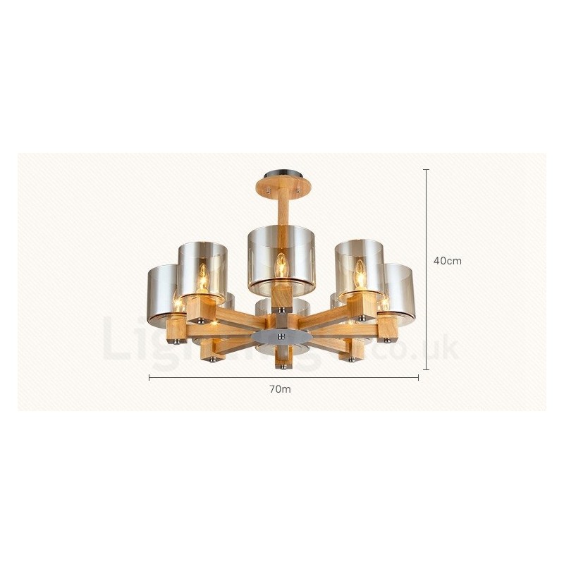 8 Light Wood Modern Contemporary Nordic style Chandelier with Glass Shade