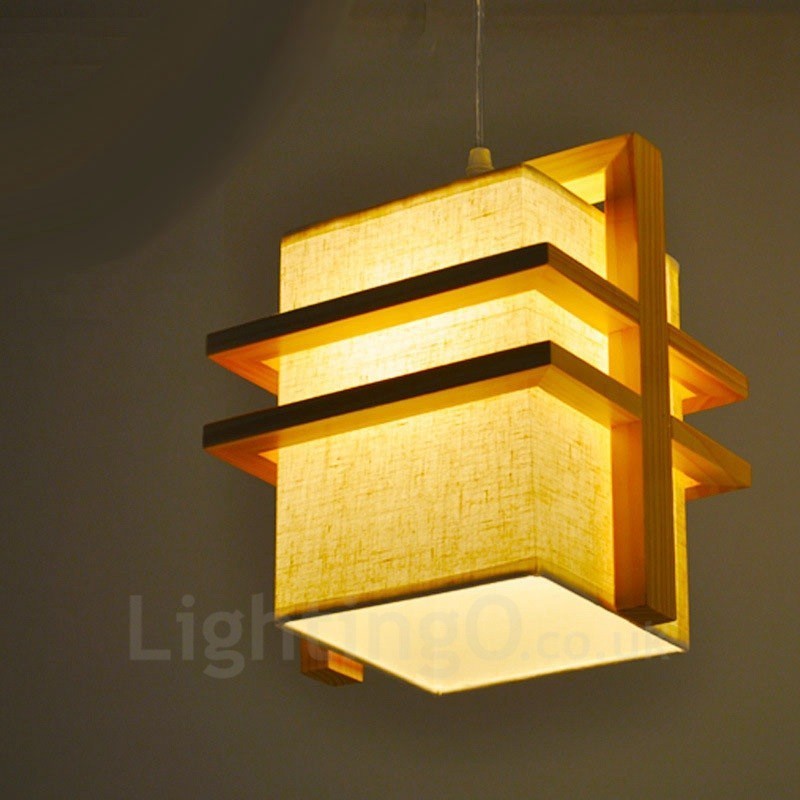 1 Light Wood Retro Vintage Pendant Light with Fabric Shade
