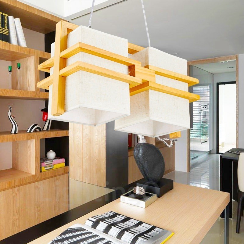 2 Light Wood Retro Vintage Pendant Light with Fabric Shade