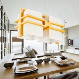 2 Light Wood Retro Vintage Pendant Light with Fabric Shade