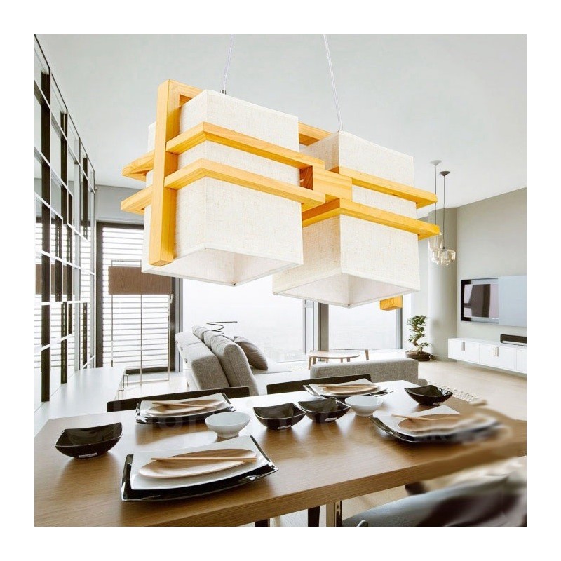 2 Light Wood Retro Vintage Pendant Light with Fabric Shade