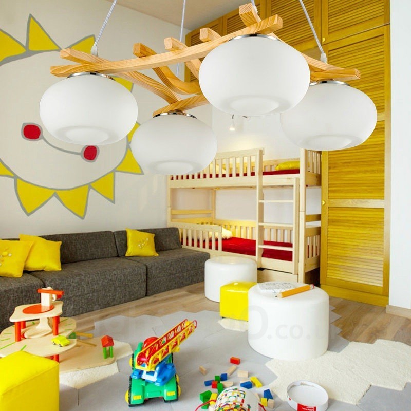 4 Light Wood Rustic Lodge Pendant Light with Glass Shade