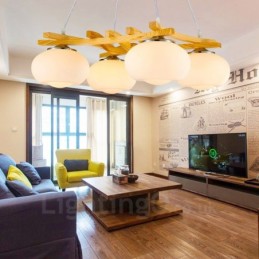 4 Light Wood Rustic Lodge Pendant Light with Glass Shade