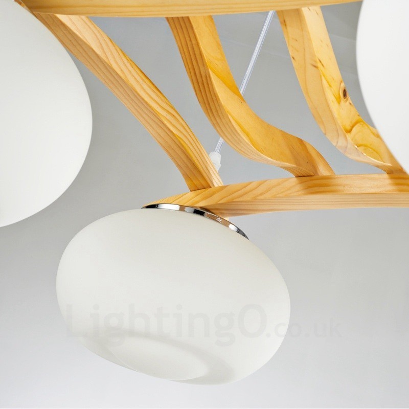 4 Light Wood Rustic Lodge Pendant Light with Glass Shade