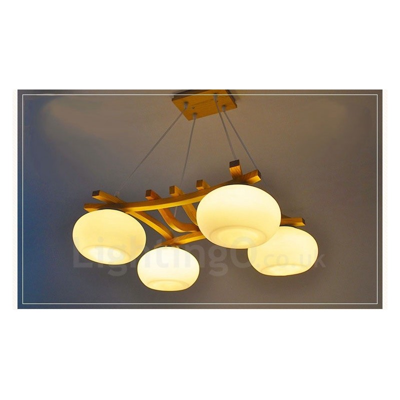 4 Light Wood Rustic Lodge Pendant Light with Glass Shade