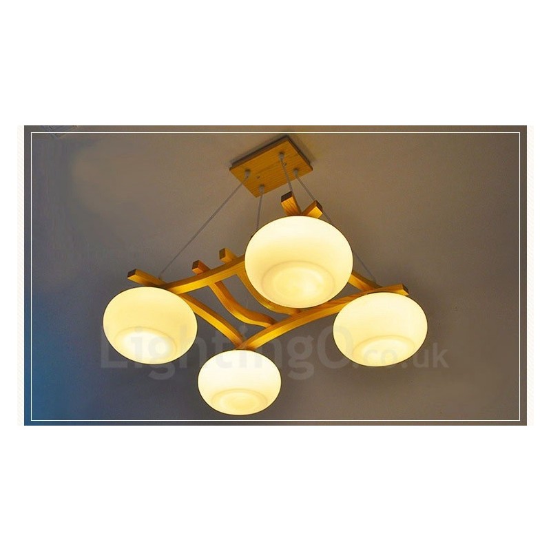 4 Light Wood Rustic Lodge Pendant Light with Glass Shade