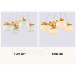 4 Light Wood Rustic Lodge Pendant Light with Glass Shade