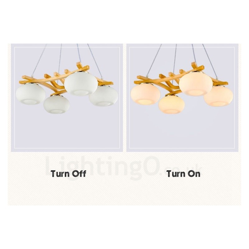 4 Light Wood Rustic Lodge Pendant Light with Glass Shade