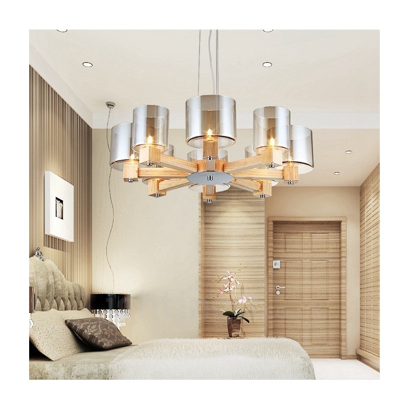 8 Light Wood Modern Contemporary Nordic style Pendant Light with Glass Shade