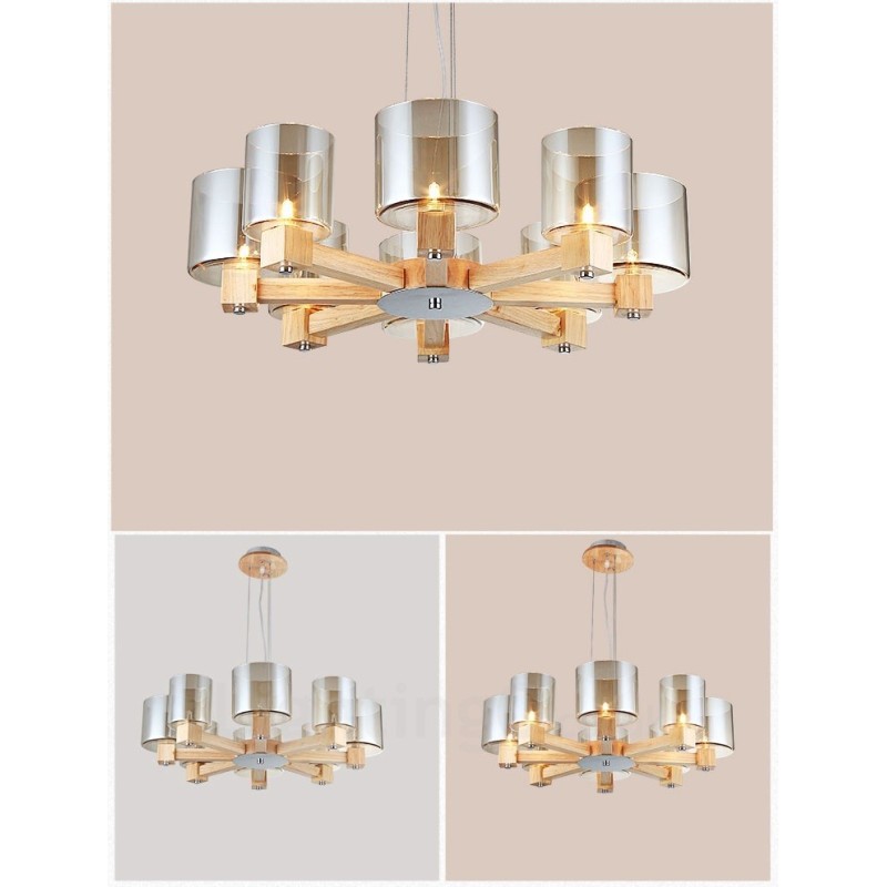 8 Light Wood Modern Contemporary Nordic style Pendant Light with Glass Shade