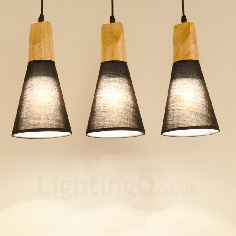3 Light Wood Modern Contemporary Pendant Light with Fabric Shade