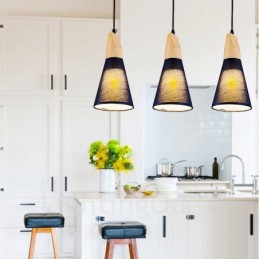3 Light Wood Modern Contemporary Pendant Light with Fabric Shade