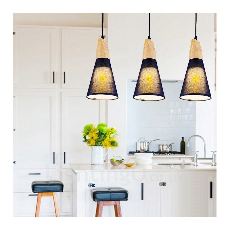 3 Light Wood Modern Contemporary Pendant Light with Fabric Shade
