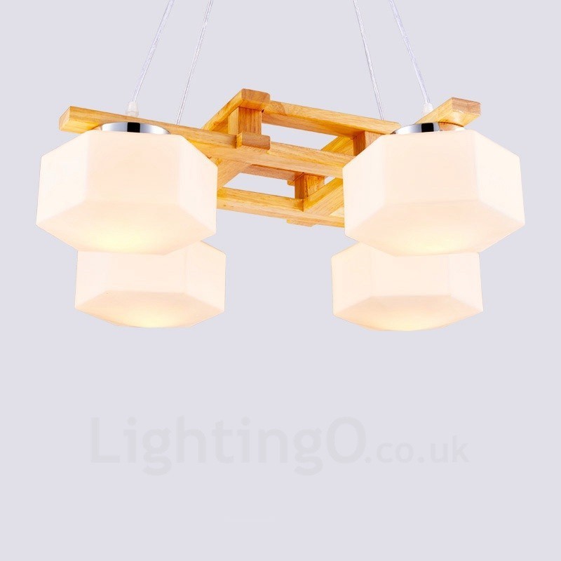 4 Light Wood Modern Contemporary Nordic style Pendant Light with Glass Shade