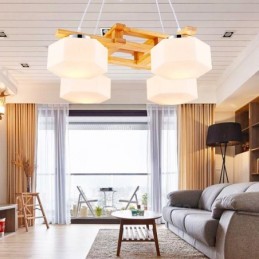 4 Light Wood Modern Contemporary Nordic style Pendant Light with Glass Shade