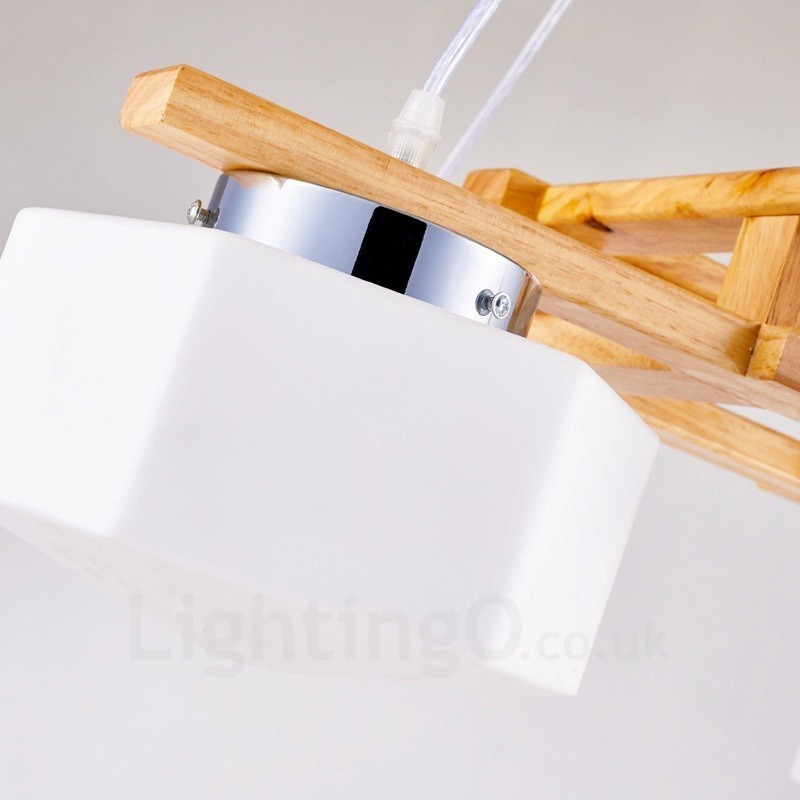 4 Light Wood Modern Contemporary Nordic style Pendant Light with Glass Shade