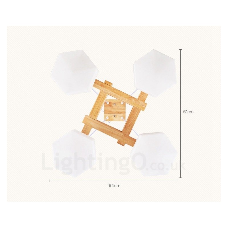 4 Light Wood Modern Contemporary Nordic style Pendant Light with Glass Shade