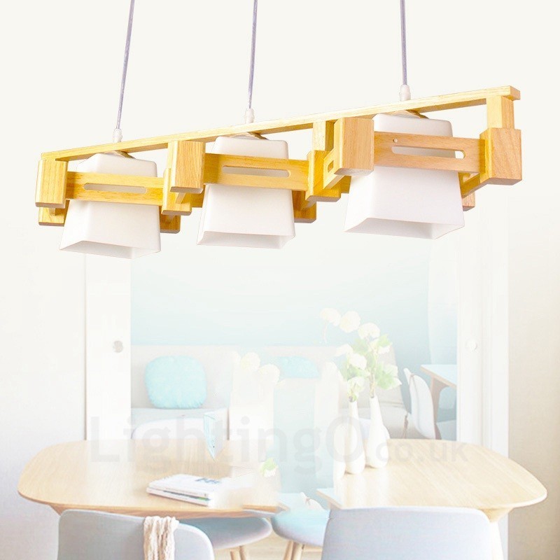 3 Light Wood Modern Contemporary Nordic style Pendant Light with Fabric Shade