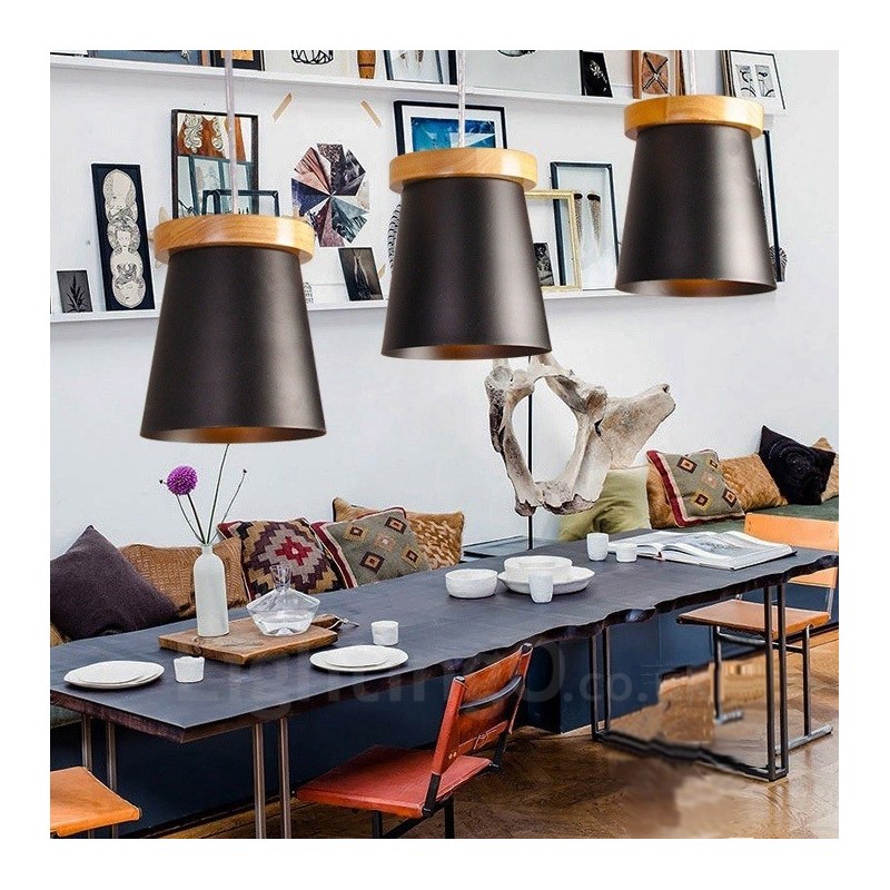 3 Light Wood Modern Contemporary Nordic style Pendant Light with Iron Shade