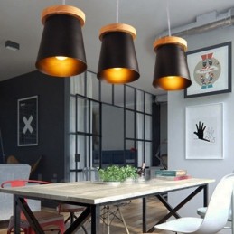 3 Light Wood Modern Contemporary Nordic style Pendant Light with Iron Shade