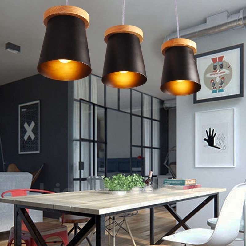 3 Light Wood Modern Contemporary Nordic style Pendant Light with Iron Shade