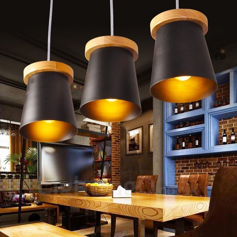 3 Light Wood Modern Contemporary Nordic style Pendant Light with Iron Shade