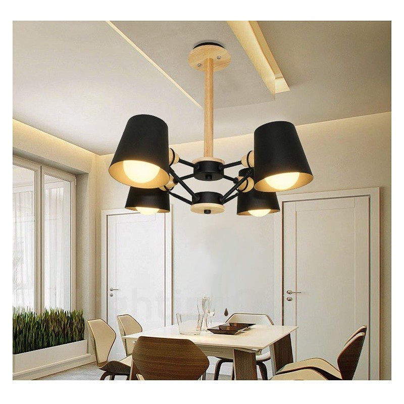 4 Light Wood Modern Contemporary Nordic style Pendant Light with Iron Shade